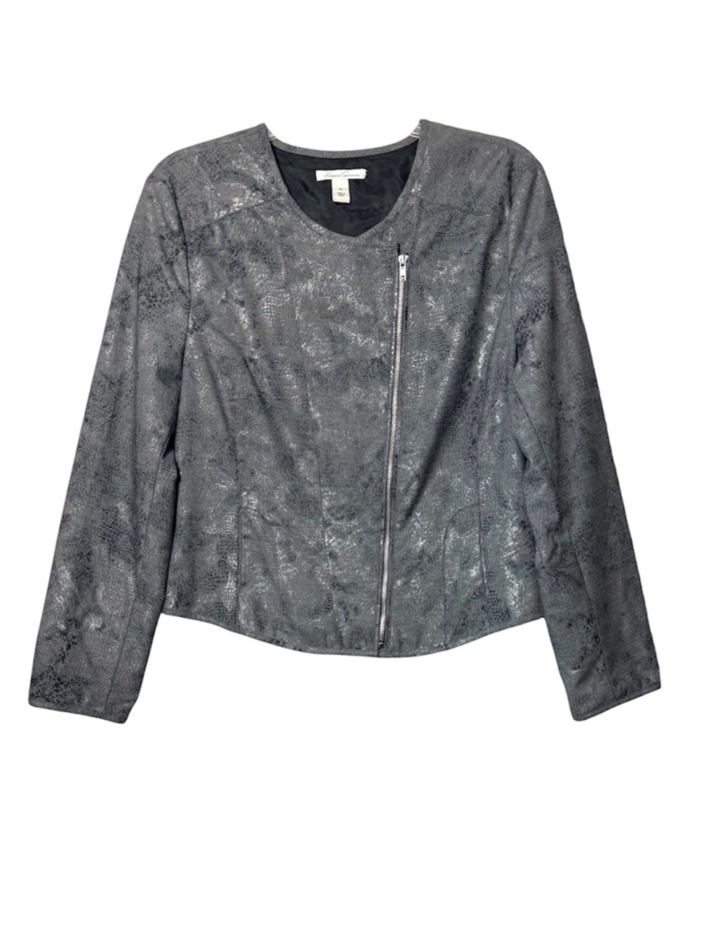 Kenneth Cole New York Metallic Moto Jacket XL Silver Snakeskin Print Zip Y2K